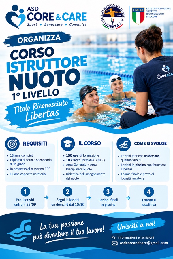 Locandina Corso Istruttore Nuoto 1° livello — ASD Core & Care